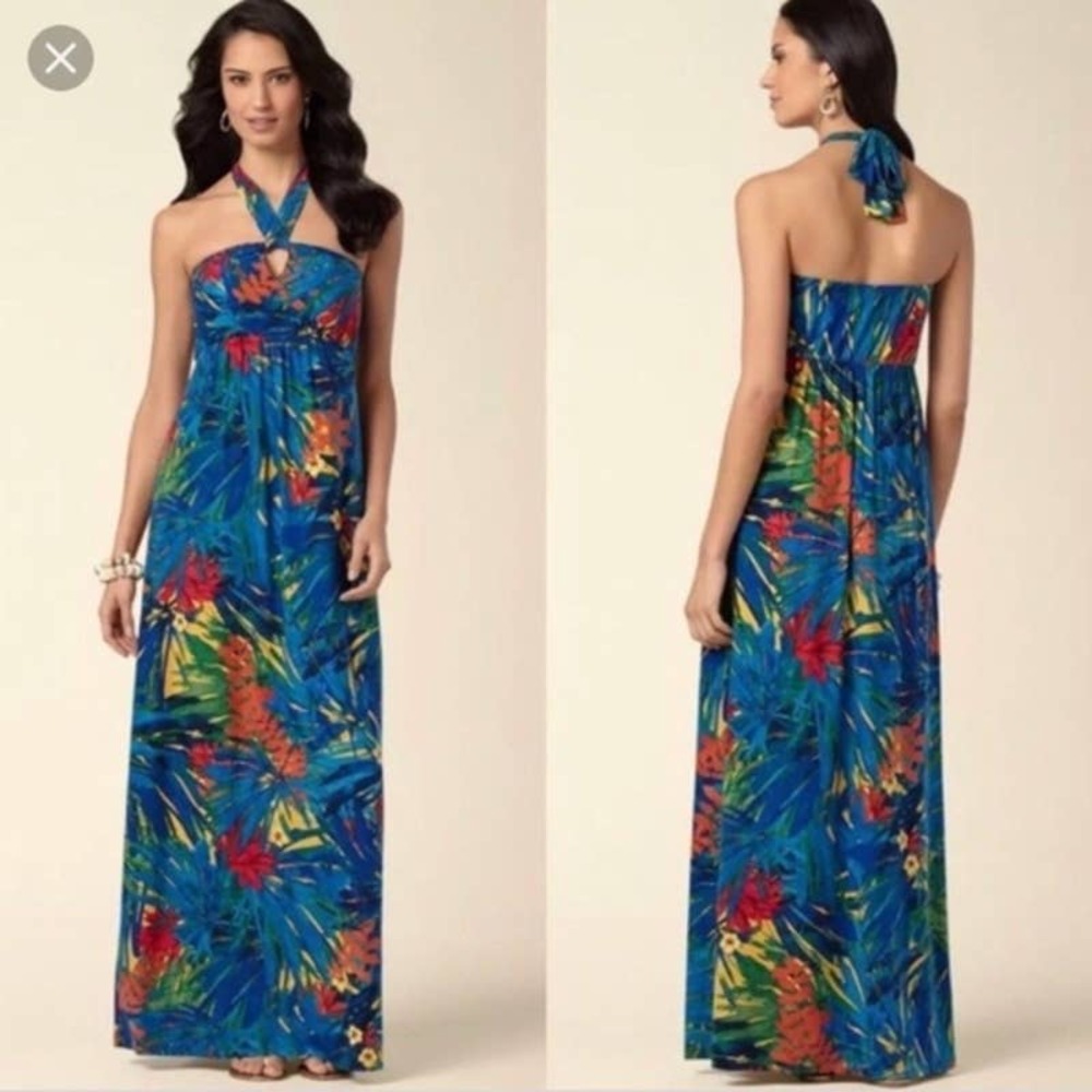 Soma Blue Tropical Halter Maxi Dress with Red & Yellow Accents - Picture 2 of 13